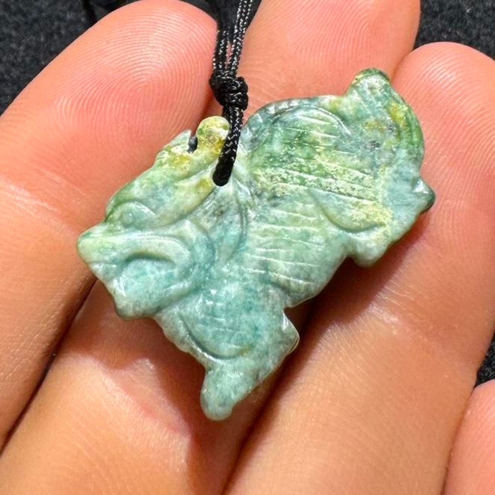 Vintage Hand Carved Green Jadeite Dragon Pixiu Pendant Necklace Talisman